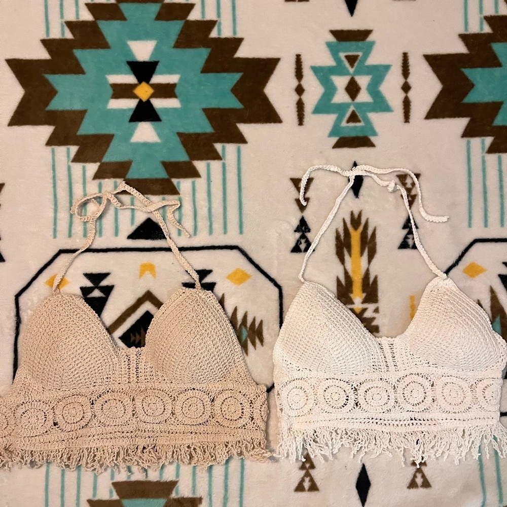 Elegant Crochet Crop Tops - Beige and White